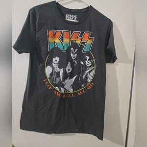 Kiss Medium Mens Shirt L, Gray with Multicolor Logo"Rock And Roll All Night"